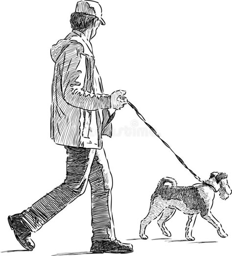 Man With The His Dog Stock Vector - Image: 45658875 Man And Dog Drawing, Line Art Drawings Dog, Walk Illustration, Human Sketch, Human Figure Sketches, Nature Art Drawings, Man Sketch, Sketches Of People, Human Figure Drawing