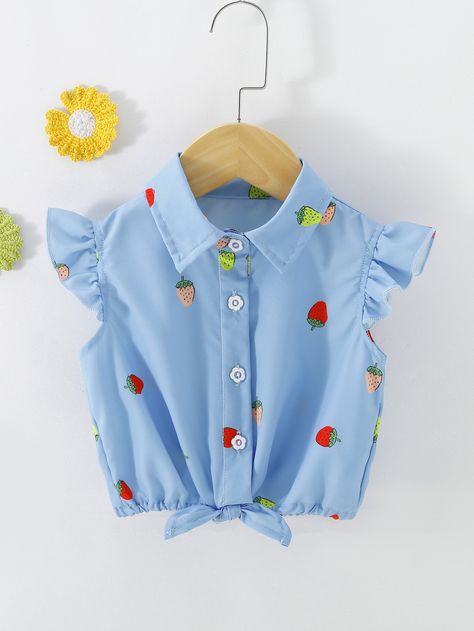 Baby Blue Cute  Cap Sleeve Polyester Fruit&Vegetable Shirt Embellished Non-Stretch Summer Toddler Girls Clothing Baby Top Designs Fashion, Baby Girl Shirts Designs, Baby Girl Tops Design, Baby Tops Design, Kids Tops Girls Shirts, Kids Top Designs, Top For Kids Girl, Girl Shirt Design, Girls Top Design