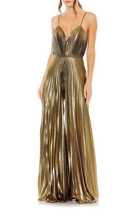 Metallic Draped Asymmetric Sheath … curated on LTK Pleated Jumpsuit, Formal Jumpsuit, Mac Duggal, Jumpsuit Fashion, Sleeveless Jumpsuits, Gold Dress, Wide Leg Jumpsuit, Antique Gold, Evening Dress