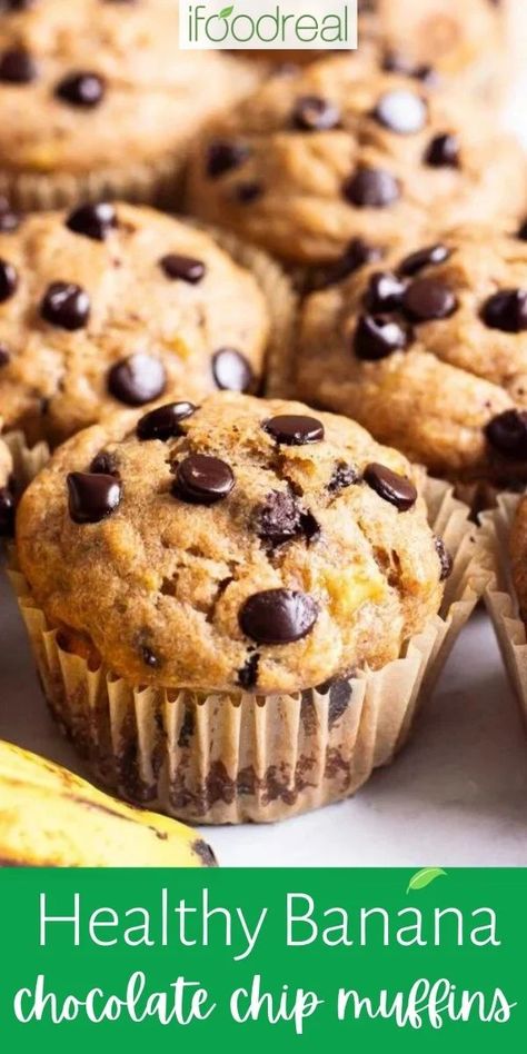 Healthy Banana Chocolate Chip Muffins, Banana Chocolate Chip Muffins Healthy, Banana Choc Chip Muffins, Healthy Chocolate Chip Muffins, Choc Chip Muffins, Healthy Banana Muffins, Chocolate Chip Muffin Recipe, Chocolate Banana Muffins, Banana Muffin Recipe