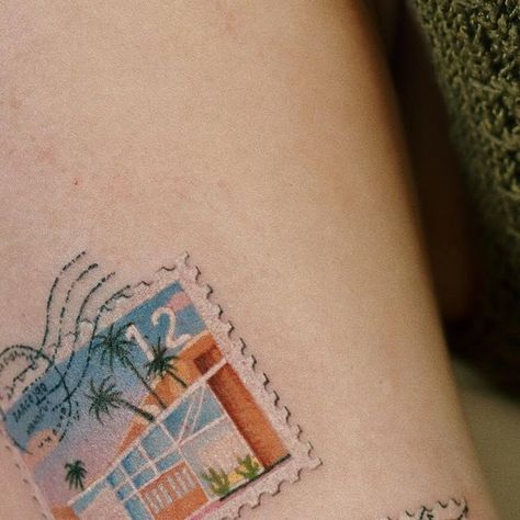 Eunmi Song on Instagram: "Stamps of her memories😌🌴🍓 Done at @greystudiola 🇺🇸LA Jan / Feb Booking Available ✉️ saegeemtattoo@gmail.com #stamptattoo #palmsprings #oxnard #colortattoo #latattooartist" Italian Postage Stamp Tattoo, Brazil Stamp Tattoo, Florida Stamp Tattoo, Postage Stamp Tattoo, Spain Postage Stamp Tattoo, Italy Postage Stamp, La Tattoo, Tattoo Cover-up, Color Tattoo