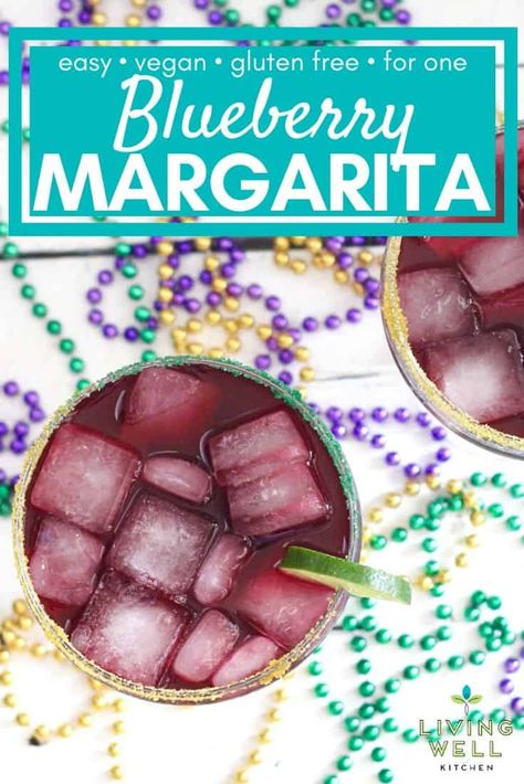 This simple Blueberry Margarita recipe served on the rocks only needs four ingredients for a festive and fruity margarita perfect for celebrating Mardi Gras, Margarita Day, or any day! Easy cocktail for one or can be multiplied to make a pitcher to serve more for a party. Vegan, dairy free, gluten free, no added sugar. #blueberryrecipe #margarita #mardigrasrecipe #blueberrymargarita Mardi Gras Margarita, Rumchata Recipes, Blueberry Margarita, Raspberry Cocktail, Margarita Day, Perfect Margarita, Mardi Gras Food, Easy Cocktail, Vanilla Milkshake