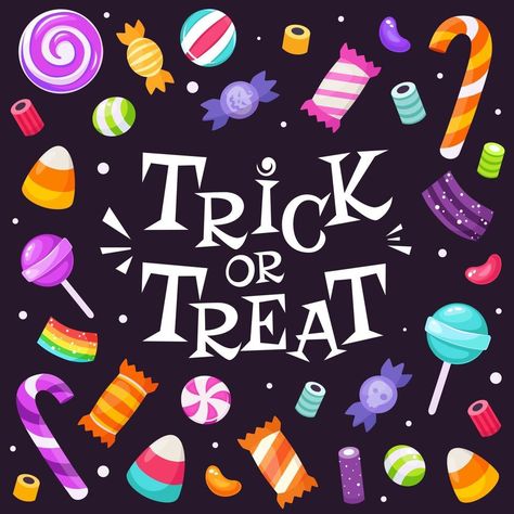 Trick or treat. Set of halloween sweets and candies. Vector illustration Halloween Sweets Illustration, Trick Or Treat Background, Halloween Candy Clipart, Halloween Candy Illustration, Trick Or Treat Wallpaper, Trick Or Treat Illustration, Halloween Palette, Halloween Windows, Candy Vector