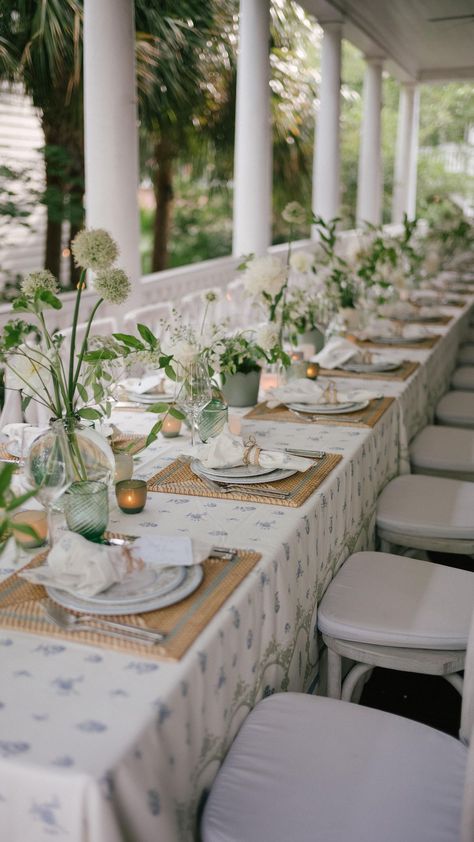 Grand Millennial Tablescape, Blue And Green Birthday Theme, Dinner Party Wedding Aesthetic, Coastal Rehearsal Dinner, Vintage French Wedding, Garden Tablescape, Rehearsal Dinner Ideas, Tablescapes Ideas, Green Tablescape