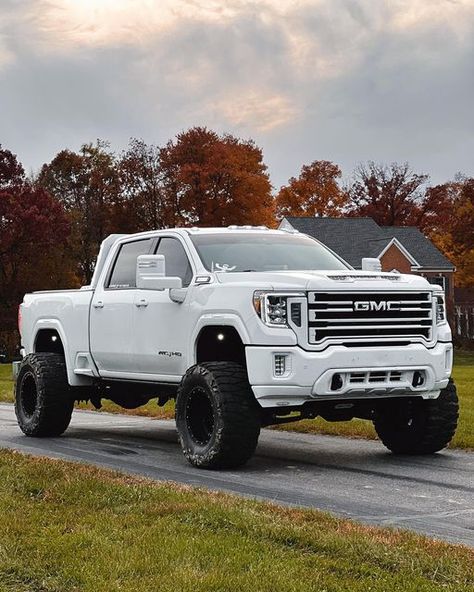 Cool Cars And Trucks, Cool Pickup Trucks, Jacked Up Trucks With Led Lights, White Lifted Trucks, Lifted Trucks With Led Lights, Big Lifted Trucks, Trucks With Led Lights, White Gmc Truck, Jacked Up Chevy Trucks