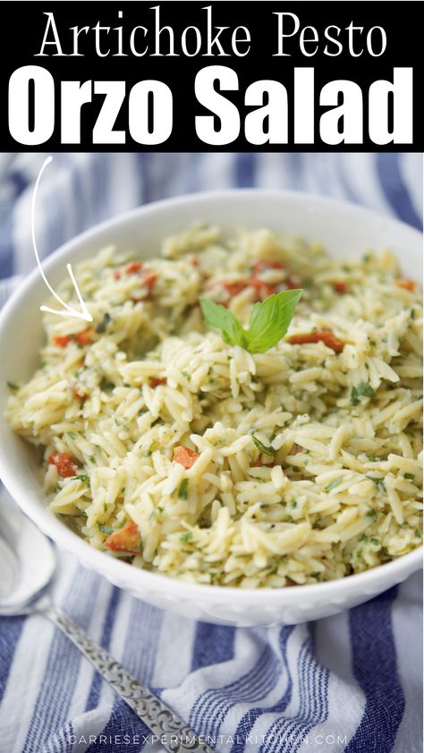 Looking for a delicious and easy salad recipe? Try this artichoke pesto orzo salad! It's packed with flavor and perfect for any occasion. #salad #orzo #pasta #artichokes Pesto Orzo Salad, Salad Orzo, Cold Lunch Recipes, Buffet Dishes, Artichoke Pasta Salad, Artichoke Pesto, Pesto Orzo, Cold Lunch, Artichoke Pasta