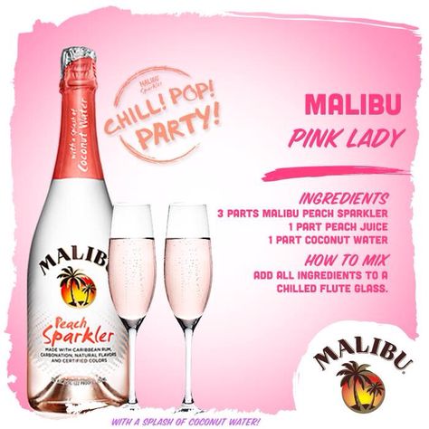 Malibu - Pink Lady Pineapple Rum Drinks, Malibu Rum Drinks, Pink Lemonade Recipes, Malibu Drinks, Peach Water, Drink Names, Special Drinks, Mix Drinks, Malibu Rum