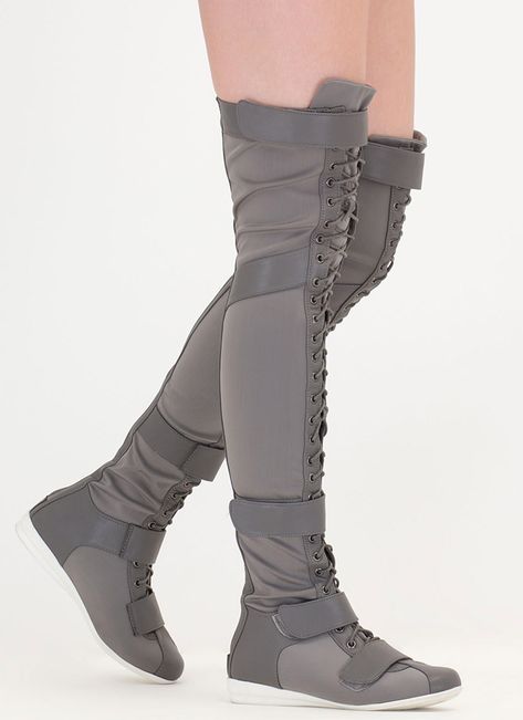 Space Cadet Mixed Media Thigh-High Boots GREY OLIVE - GoJane.com Thigh High Sneakers, Sci Fi Boots, White Thigh High Boots, Wrap Boots, Thigh High Boots Heels, Hot Boots, Roman Fashion, Grey Boots, Trending Boots