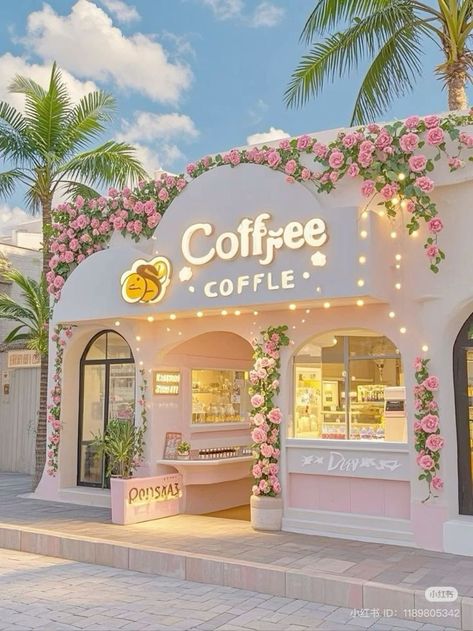 Candy Shop Design Store Fronts, Aesthetic Cafe Design Interior, Bakery Design Exterior, Cozy Bakery Interiors, Cute Coffee Shop Ideas, Kawaii Cafe Interior, Soda Shop Aesthetic, Storefront Design Boutique, Bakery Ideas Interior