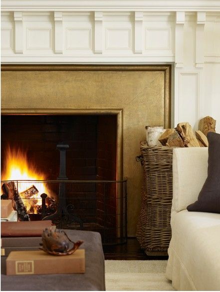 bronze fireplace surround Woodwork Fireplace, Gold Fireplace, Fresh Farmhouse, Deco Nature, Fireplace Surround, The Fireplace, Fireplace Tile, Guest Bed, Fireplace Mantle