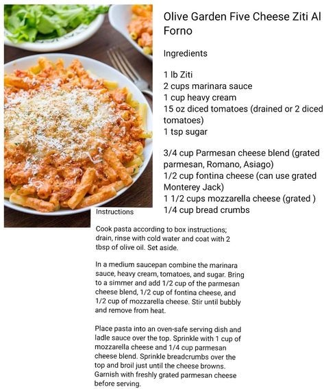 Five Cheese Ziti Olive Garden, Five Cheese Pasta, Five Cheese Marinara, 5 Cheese Ziti, Chicken Dinner Recipes For Two, Recipe Diary, Cheese Ziti, Five Cheese Ziti, Cheesy Pasta Recipes