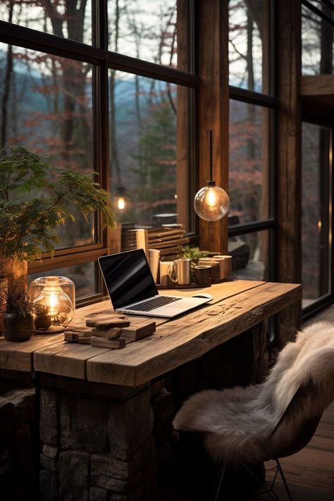 Cabin Office, Cozy Workspace, Rustic Thanksgiving, Productive Work, Cozy Desk, Desk Setups, Cozy Office, Cozy Home Office, Coastal Modern