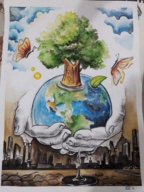 drawing made by using water colours #save earth #poster in water colour #pollution free earth #water colour painting Save Earth Drawing Art, Environmentalist Art, Save Water Drawing, Climate Art, Save Earth Drawing, Save Water Poster Drawing, Save Water Poster, Earth Drawing, Art Competition Ideas