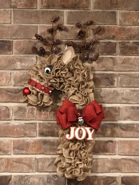 My try at the Reindeer candy cane wreath!  #reindeerwreath  #wreath #Christmaswreath #burlapwreath #candycanewreath #DTcandycanewreath  #rudolphwreath Candy Cane Reindeer Wreath, Reindeer Wreath Burlap, Reindeer Wreath Diy, Dollar Tree Candy Cane Wreath Diy, Candy Cane Wreath Form Ideas, Santa Wreaths, Candy Cane Wreath Diy, Rag Wreaths, Couronne Diy