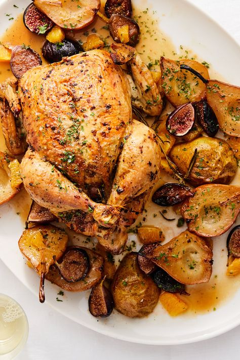 Citrusy Roast Chicken With Pears and Figs Recipe - NYT Cooking Roasted Figs, Roasted Pear, Fig Recipes, Spicy Salsa, Roast Chicken Recipes, Rosh Hashana, Nyt Cooking, Citrus Chicken, Grilled Pork