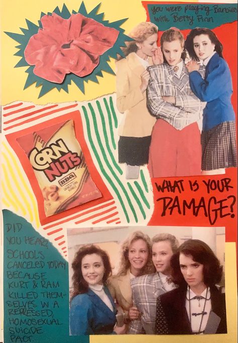 Heathers Collage, 90s Scrapbook, 80s Scrapbook, Heathers Wallpaper, Harry Potter Scrapbook, 1980s Aesthetic, Doodle Diary, Scrapbook Inspo, Movie Journal