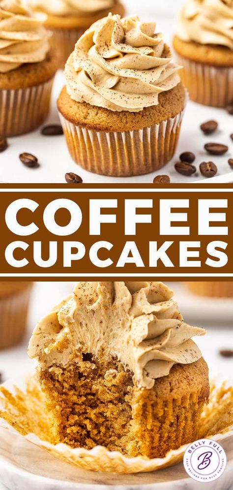 Coffee Cupcakes with Buttercream Frosting - Belly Full Coffee Cupcakes With Box Cake, Coffee Cupcake Recipes, Cupcake Recipes Coffee, Cupcake Catering, Chocolate Cupcakes With Coffee Frosting, Coffee Cup Cake, Cappuccino Cupcakes, Cupcakes With Buttercream Frosting, Coffee Cake Cupcakes