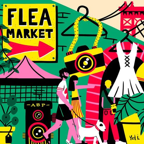 Dumbo Flea Market at New York City Illustration Flea Market Poster Design, Flea Market Illustration, Character Design Vintage, Flea Market Poster, Flea Market Design, Market Illustration, Design Print Layout, Creative Playground, Mid Century Illustration