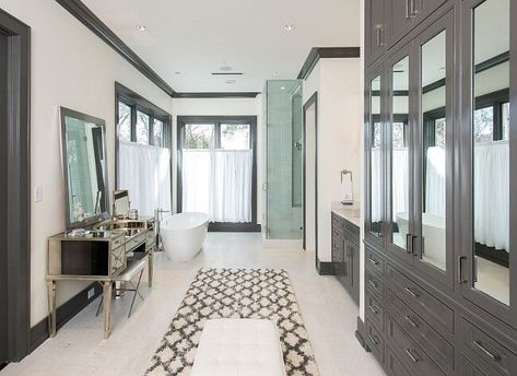 Long narrow bathroom with white walls, cabinets and trim color Kendall Charcoal by Benjamin Moore. Bathroom Trim, Nice Bathrooms, Rose Office, Kendall Charcoal, Trim Paint Color, Yellow Dining Room, Craftsman Bathroom, Master Baths, Hamptons Style Home