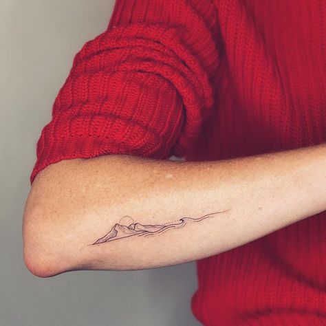 Mountain And Sea Tattoo, Sea Tattoo Ideas, Moutain Tattoos, 27 Tattoo, Mountain And Sea, Mountain Tattoo Simple, Simple Arm Tattoos, Hiking Tattoo, Sea Tattoo