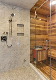 Browse Sauna Shower ideas and designs in Photos | Houzz UK Master Bath With Sauna, Steam Shower And Sauna, Shower Master Bath, Steam Showers Bathroom Master Bath, Sauna Bathroom Ideas, Shower And Sauna, Uredjenje Stana, Basement Sauna, Sauna Bathroom Design