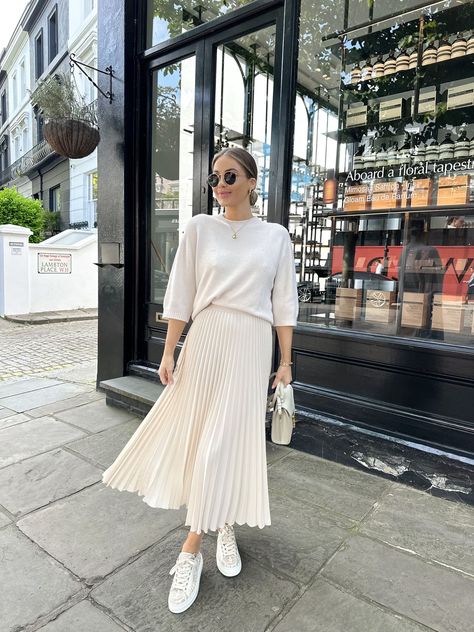 Lauren sneaker curated on LTK Fitted Midi Skirt Outfit, Midi Skirt Sneakers Outfit, White Midi Skirt Outfit Summer, Skirt Sneakers Outfit, Midi Skirt Sneakers, Chiffon Skirt Outfit, Pleaded Skirt Outfits, Creme Outfits, White Midi Skirt Outfit