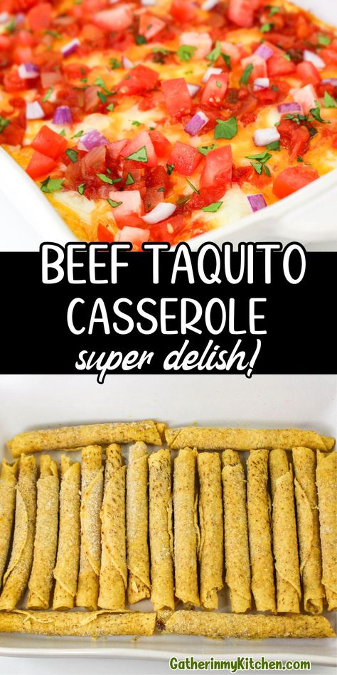 This easy Beef Taquito Casserole combines frozen beef taquitos with a creamy sauce, green chilis, and lots of melted cheese for a delicious, hassle-free meal. Topped with salsa and baked to perfection, this casserole is perfect for busy weeknights or casual get-togethers. Customize it with fresh toppings like cilantro, diced onions, or tomatoes for extra flavor. Ready in under an hour, it's a dish the whole family will love. Chicken Taquito Casserole Recipe, Taquitos Casserole Recipe, Taquitos Casserole, Taquito Casserole Recipe, Taquito Casserole, Frozen Taquitos, Casserole Beef, Beef Taquitos, Easy Chicken Casserole Recipes