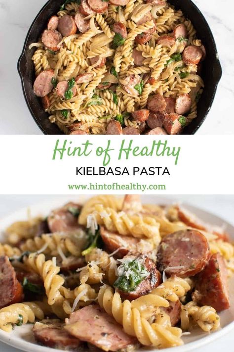 Kielbasa Lunch Ideas, Healthy Pasta With Sausage, Kielbasa With Pasta, Kielbasa And Spinach Recipes, Kielbasa Spinach Pasta, Dairy Free Kielbasa Recipes, Kielbasa Dinner Recipes Easy Meals, Gnocchi And Kielbasa Recipes, Kilbasa Pasta