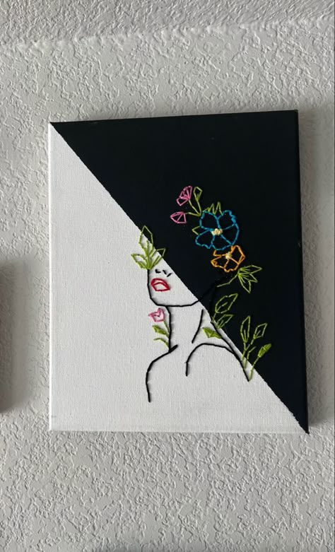 Embroidery Thread Canvas Art, Painting With Thread Hand Embroidery, Painting And Stitching On Canvas, Paint And Sew Canvas, Canvas Art Embroidery, Canvas Stitching Art Ideas, Sewing Canvas Art Ideas, Needle And Thread Canvas Art, Embroidery Line Art Canvas