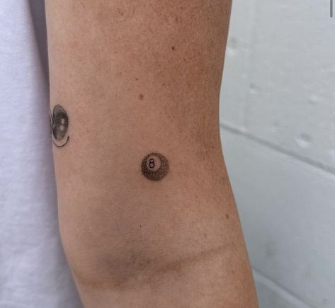 Eight Ball Tattoo, Childhood Tattoo Ideas, Penny Tattoo, 8 Ball Tattoo, Childhood Teddy, Teddy Bear Tattoo, 27 Tattoo, Button Tattoo, Sunflower Tattoo Sleeve