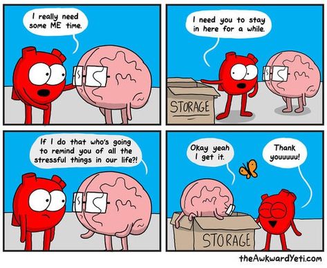 Awkward Yeti Comics, Brain Vs Heart, Heart And Brain Comic, Heart Vs Brain, Awkward Yeti, The Awkward Yeti, Heart And Brain, Heart Brain, Funny Comic Strips