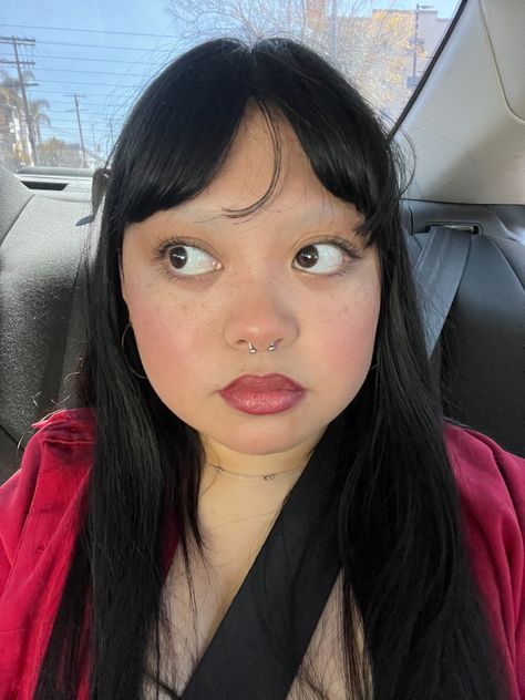 no eyebrows, natural makeup, lip liner, blush, car selfie, red shirt, bangs, curtain bangs, septum piercing, shaved eyebrows, freckles, eyes, long hair Bangs And Septum Piercing, Shaved Eyebrows Makeup, No Eyebrow Makeup, No Eyebrows Makeup Look, No Eyebrows Makeup, Long Hair Asian, Shaved Eyebrows, Eyebrows Natural, No Eyebrows