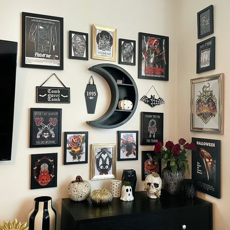 Alt Bedroom Aesthetic, Goth Bedroom Wall Decor, Gothic Gallery Wall Ideas, Goth Gallery Wall Ideas, Gothic Bedroom Wall Shelves, Goth Wall Art Home Decor, Goth Bedroom Ideas, Goth Wall Decor, Gothic Gallery Wall