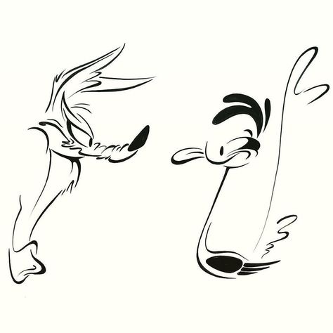 India ink drawings of Wile E. Coyote and Road Runner by Eric Goldberg (creator of the Genie in 'Aladdin' and animation director of 'Looney Tunes: Back in Action') by cartoonbrew Coyote And Road Runner, Runner Tattoo, Coyote Tattoo, Wile E Coyote, Cute Funny Cartoons, Classic Cartoon Characters, Cartoon Sketches, Cartoon Tattoos, Ink Drawings