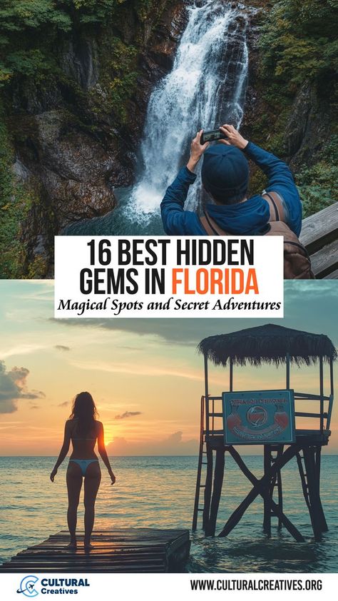 Images of a serene waterfall and a person watching the ocean sunset, capturing the allure of 16 Best Hidden Gems in Florida for magical and secluded adventures. Places To Visit In Florida, Florida Vacation Spots, Florida Travel Destinations, Florida Travel Guide, Florida Adventures, Places In Florida, Hidden Places, Usa Travel Guide, Visit Florida