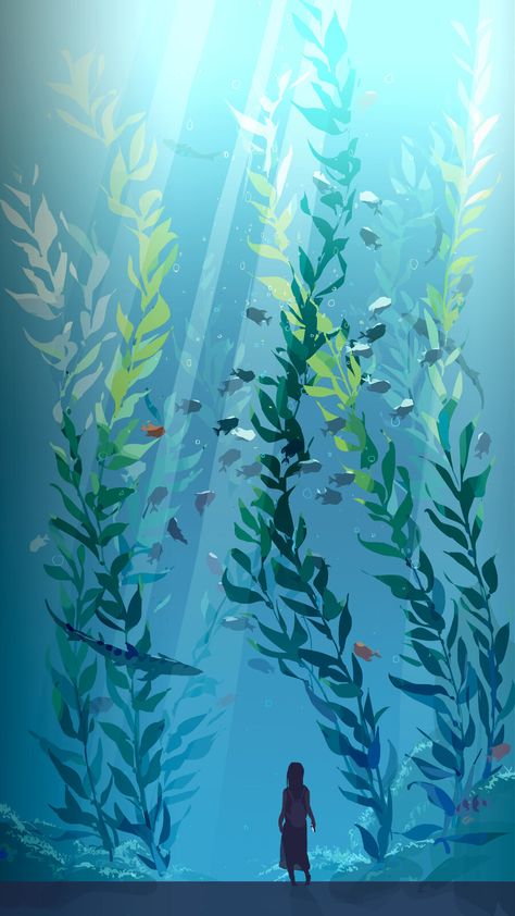 ArtStation - Giant kelp forest Drawing Underwater, Underwater Jellyfish, Tomer Hanuka, Ocean Mural, Ocean Drawing, Otto Schmidt, Underwater Painting, Kelp Forest, Underwater Scene