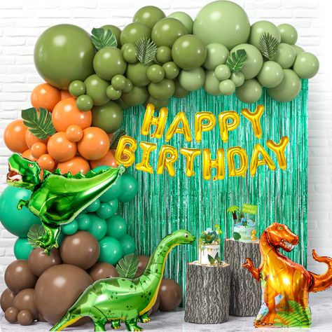 PRICES MAY VARY. Kids Dinosaur Birthday Decorations: Most kids love dinosaurs, so we have carefully prepared a set of dinosaur-themed birthday decorations. It comes with 124 latex balloons (5 colors, 5"+10"+12"+18"), 3 large-size foil balloons, happy birthday foil balloons; 2 fringe curtains, 10 palm leaves, 10 dinosaur tattoo stickers, 11 cake toppers, and 3 balloon accessories. This is a rich and complete set of dinosaur decorations, let's enjoy the party feast together Unique Dinosaur Party D Dinosaur Birthday Theme Decorations, Dinosaur Themed Birthday Party Boys, Dino Decorations Party, 1st Birthday Boy Dinosaur Theme, Dinosaur Balloon Arch, Dinasour Birthday Ideas, Dinosaur Birthday Ideas, Dinosaur Balloon Garland, Dinasour Birthday