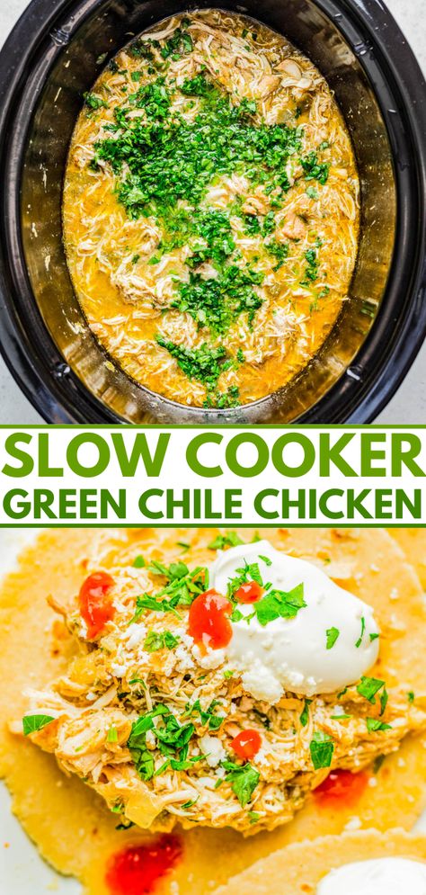 Slow Cooker Green Chile Chicken - Tender, juicy, chicken that's simmered with green chiles, jalapeno, salsa verde, onions, garlic, and spices for the most FLAVORFUL and versatile green chile chicken! Use it in tacos, burritos, casseroles, sandwiches, or as a meal prep recipe. Best of all, it's SO EASY because your slow cooker does ALL the work! Slow Cooker Green Chicken Chili Casserole, Green Chili Chicken Casserole Crockpot, Crockpot Chicken With Green Enchilada Sauce, Chilli Verde Chicken, Crockpot Chicken Enchiladas Green Sauce, Slow Cooker Green Chile Chicken Casserole, Slow Cooker Green Chili Chicken Rice Casserole, Crockpot Green Chicken Enchiladas, Green Enchilada Crockpot Chicken