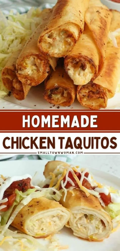 Turn to this simple dinner recipe if you're craving Mexican food! Fried to crispy perfection, these creamy homemade chicken taquitos are so much better than what you can get from a box. Check out the ways you can enjoy this main dish! Fried Taquitos Chicken, Simple Mexican Food Recipes, Chicken Taquitos Recipe Fried, Small Town Woman Recipes, Fried Chicken Taquitos, Easy Chicken Taquitos, Homemade Chicken Taquitos, Chicken Taquitos Recipe, Homemade Taquitos