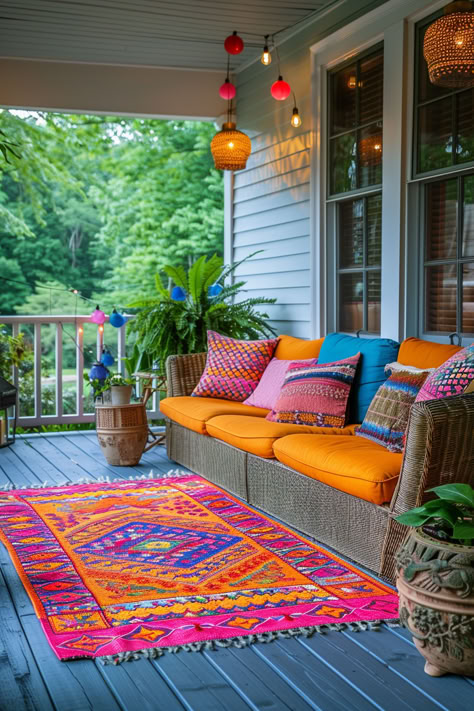 backyard inso, terrace inspo, back patio, Fun Patio Furniture, Outdoor Set Up, Funky Patio Ideas, Open Porch Decorating Ideas, Cozy Patio Ideas Small Spaces, Patio Color Ideas, Front Patio Decorating Ideas, Colorful Backyard Ideas, Corner Garden Ideas Backyards