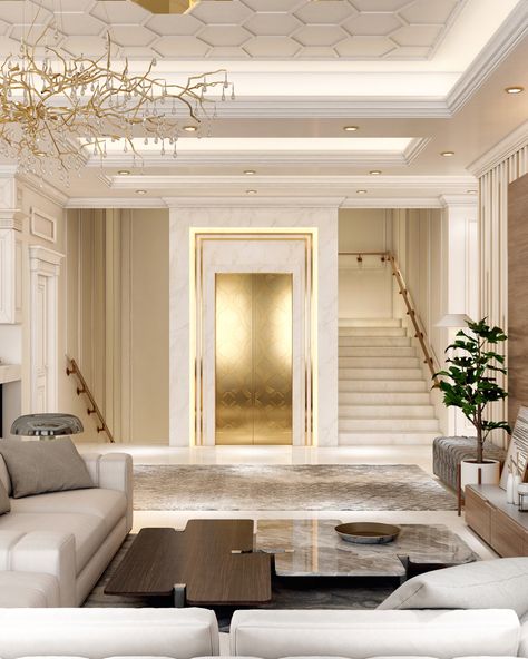 Lift Lobby Design Residential, Living Room 3d Design, Lobby Design Residential, Lift Lobby Design, Luxury Staircase, Elevator Interior, Lobby Interior Design, Cladding Design, Stairs In Living Room