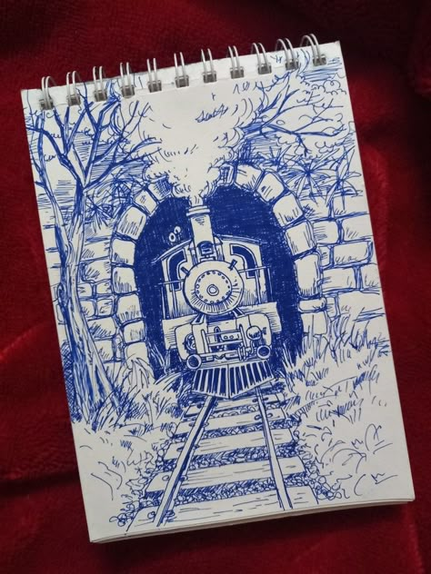 Easy Pen Art, Pen On Paper, Perspective Drawing, Pen Art, A Drawing, A Train, Notebook, Pen, Train