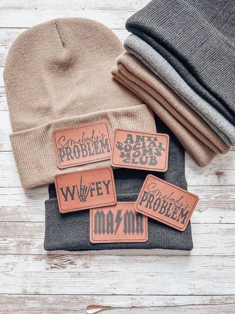 Soft and Cozy Beanies! *Leather patches *Available beanie colors are- black, grey, and khaki MINI Toddler/kids beanies are available only in black! ❤️ *Custom orders can be made, just DM me before purchasing! Beanies With Leather Patch, Hat Leather Patch, Leather Hat Patch Designs, Beanie Patch Ideas, Laser Wood Projects Gift Ideas, Leather Glowforge Projects, Laser Engraved Leather Hat Patches, Funny Hat Patches, Leather Patch Beanie