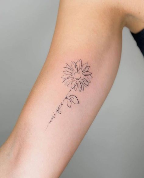 Sunflower With Letter Tattoo, Cute Simple Sunflower Tattoos, Sunflower With Quote Tattoo, Sunflower With Name Stem Tattoo, Sunflower Date Tattoo, Sunflower Tattoos With Words, Sunflower Tattoo With Words As Stem, Sunflower With Words Tattoo, Sunflower Tattoo With Initials