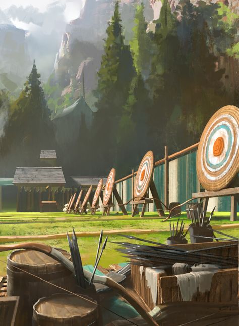 Barracks Fantasy Art, Archery Art Illustration, Fantasy Barracks Concept Art, Training Field Fantasy Art, Training Grounds Concept Art, Training Grounds Fantasy Art, Fantasy Training Grounds, Archery Illustration, Archery Aesthetic