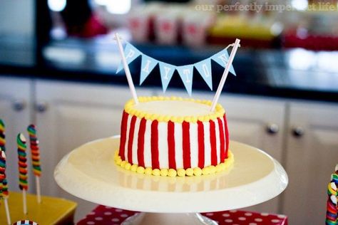 Easy cake idea...could use yellow candy/gumballs aroind base and too and liquorice ribbon for red stripes on a store bought cake. 1st Birthday Cake Design, Birthday Cupcakes For Kids, Baby Maverick, Circus Birthday Cake, Cupcakes For Kids, Adoption Photography, Carnival Cake, Painting Tattoos, Apraxia Of Speech