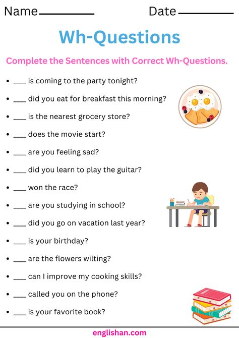 Wh Questions Exercises with Answers Wh Questions Exercises, Weather Like Today, Writing Comprehension, Weather Vocabulary, Who What Where, English Skills, Nobel Prize In Literature, School Learning, Synonyms And Antonyms