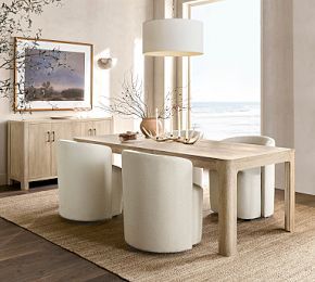 Dinner Table With Bench And Chairs, Dining Table Classic Modern, Trending Dining Table, Dining Table In White Kitchen, Modern Farm Dining Table, Beach Dining Room Table Coastal Style, Bleached Dining Table, White Oak Dining Room Table, Dinning Tabletop Decor Modern