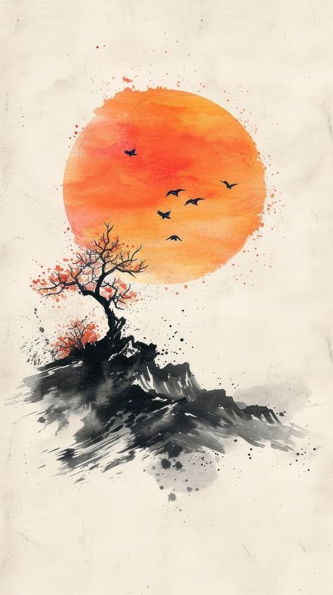 Ink painting minimal of sunset outdoors nature tree. | free image by rawpixel.com / Ing China Art Painting, Asian Art Painting, Asian Painting Ideas, Drawing About Nature, Asian Art Style, Zen Art Paintings, Color Markers Art, Japan Watercolor, Painting Minimal