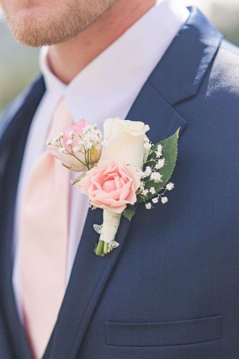 Navy Blue Groom Suit, Blue Groom Suit, Navy Blue Groom, Blue Groom, White Rose Boutonniere, Pink Boutonniere, Blue And Blush Wedding, Blush Tie, Vineyard Wedding Venue